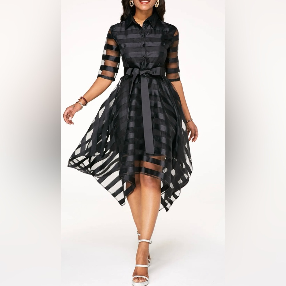 Chic Black Sheer Striped Midi Dress